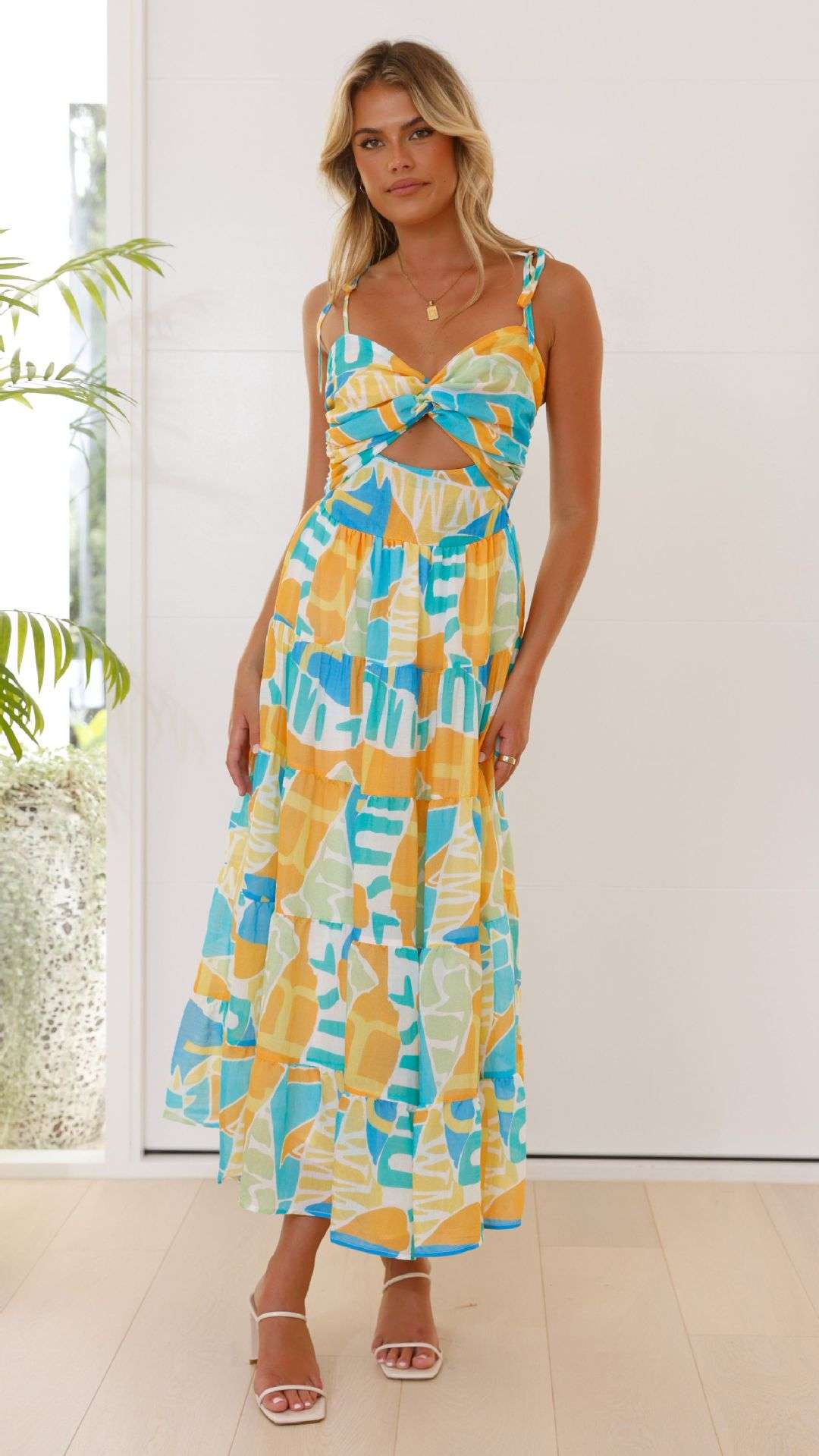 Tropical Cut-Out Midi Dress - S, Multi Yellow image
