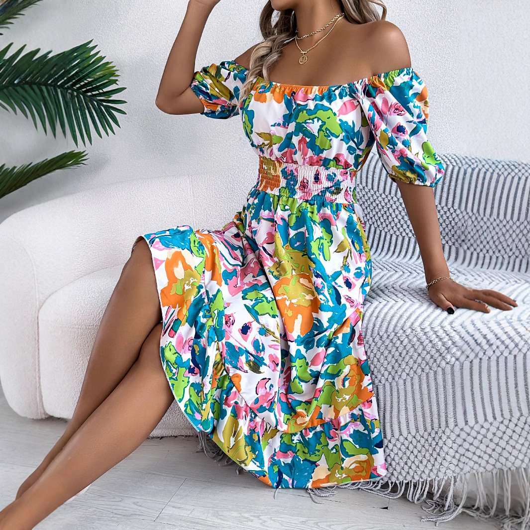 Floral Square Neck Puff Sleeve Midi Dress - L, Multi Green image
