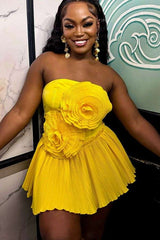 Strapless Mini Dress with Pleated Floral Appliqu? image 0