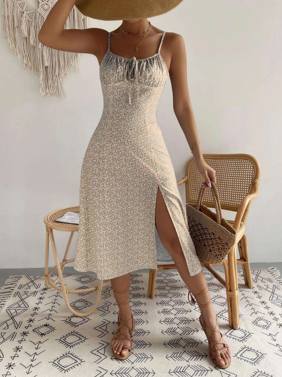 Floral Tie-Front Maxi Dress with Side Slit - S, Beige image