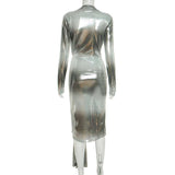 Metallic Evening Dress with Deep Plunge and High Slit image 4