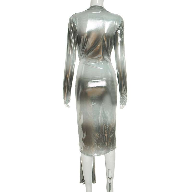 Metallic Evening Dress with Deep Plunge and High Slit image 4