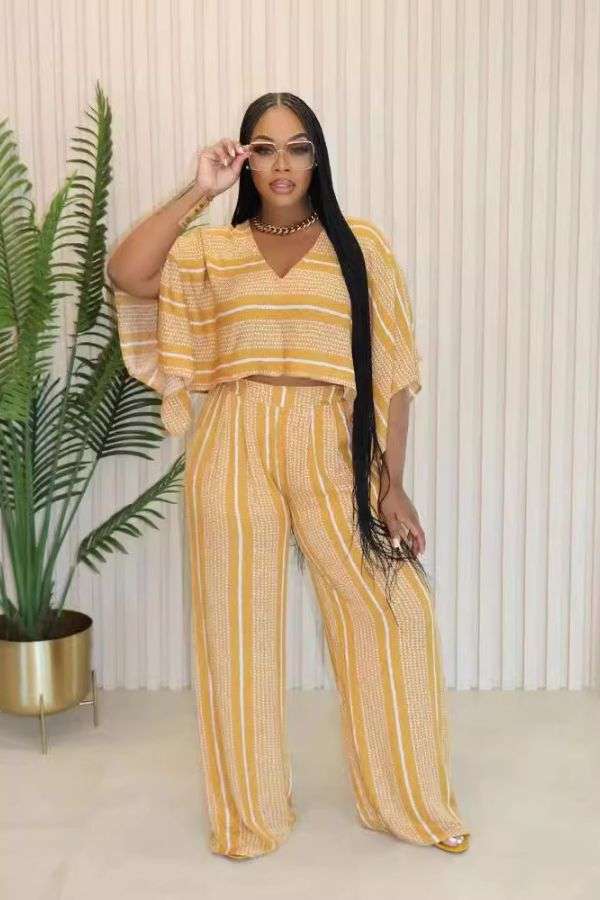 Stripsd Crop Tops Wide Leg Pants - S, Melon Yellow image