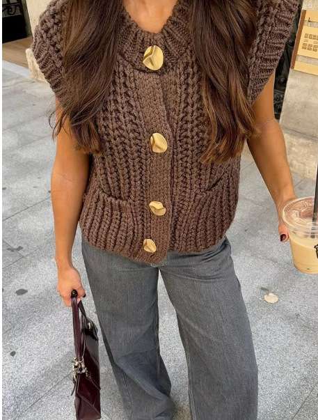 Knitted Sleeveless Cardigan Sweater - S, Brown image