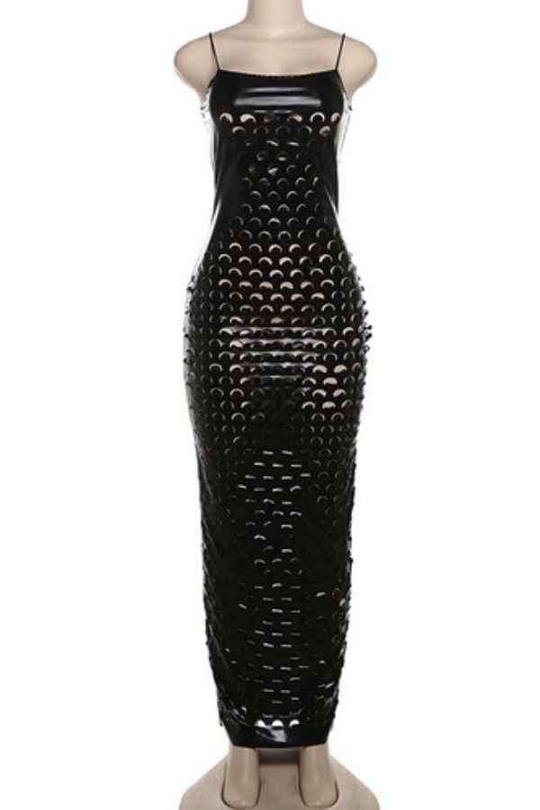 Sexy Hollow Out Spaghetti Strap PU Leather Maxi Dress image 3