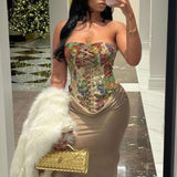 Drawstring Floral Corset - M, Multi Beige image