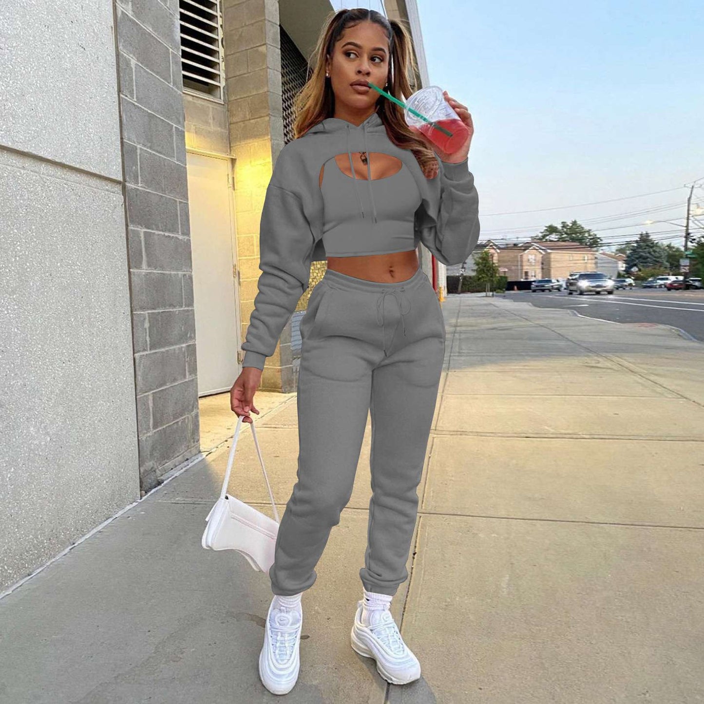 Crop Top Hoodie Tank Sweatpants 3 piece set - M, Dark Grey image