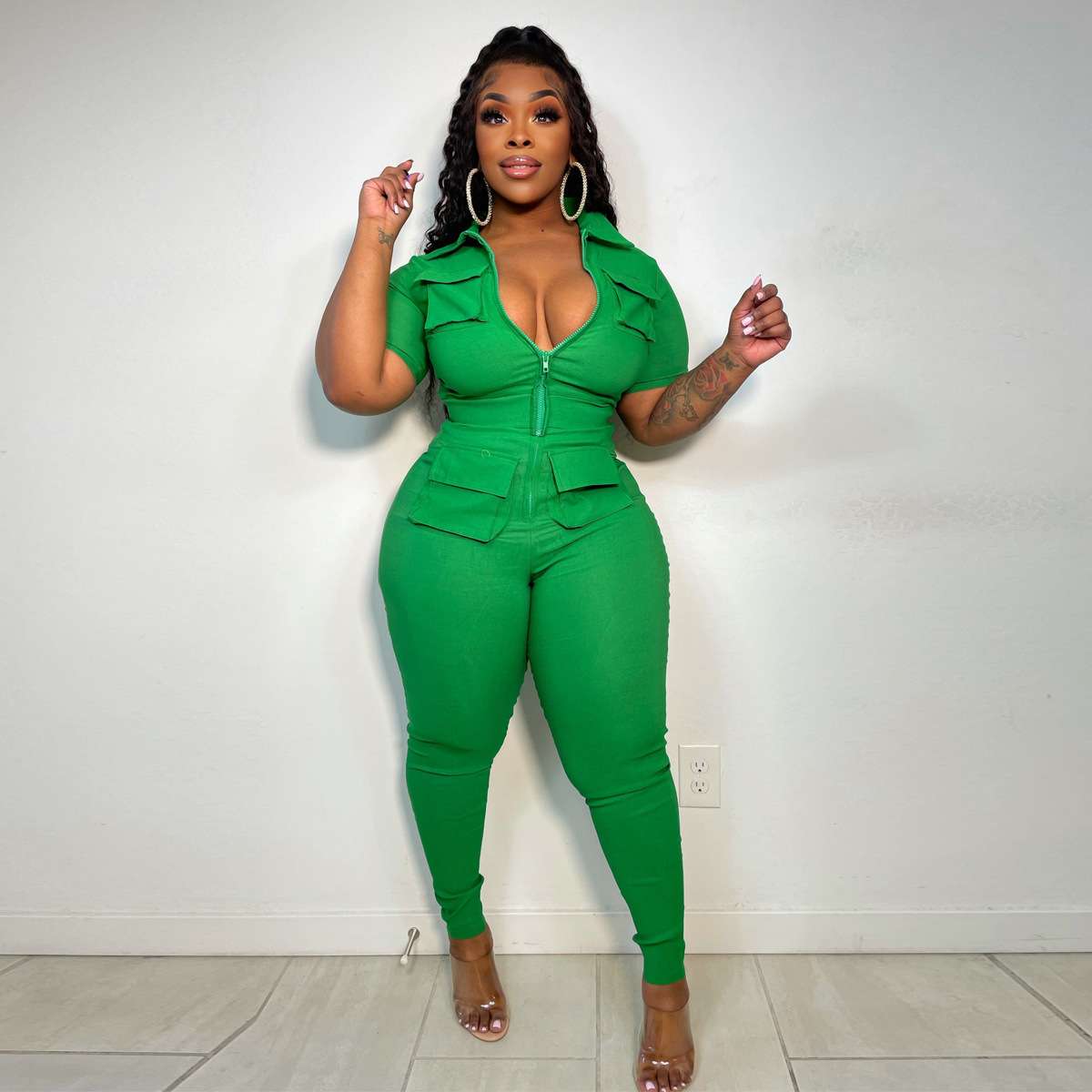 Zipper Front Utility Jumpsuit - S, Green image