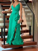 Ruffled High-Slit Gown - L, Green image
