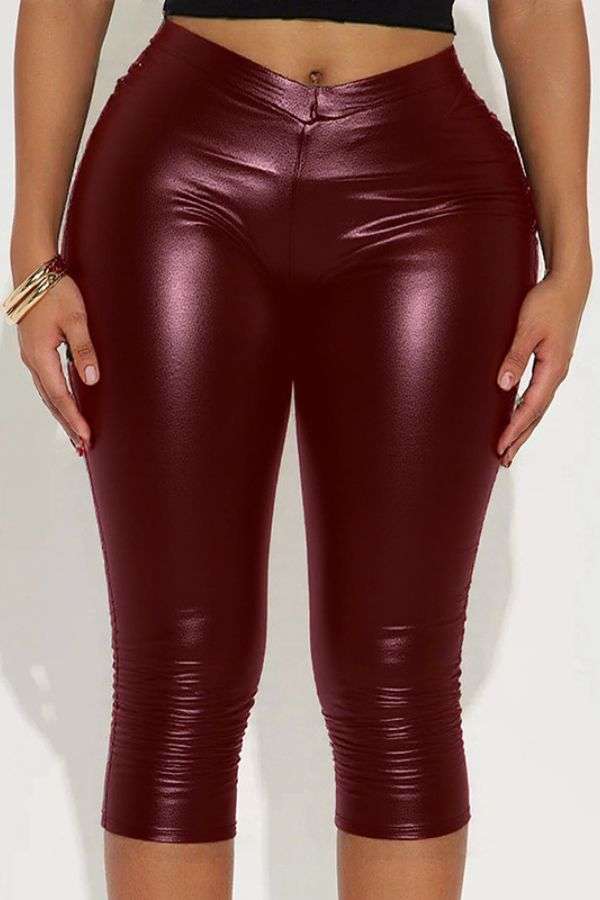 High-Waisted Cropped Pants - L, Red image