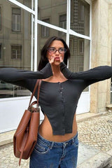 Asymetric Button Down Crop Top - M, Dark Grey image