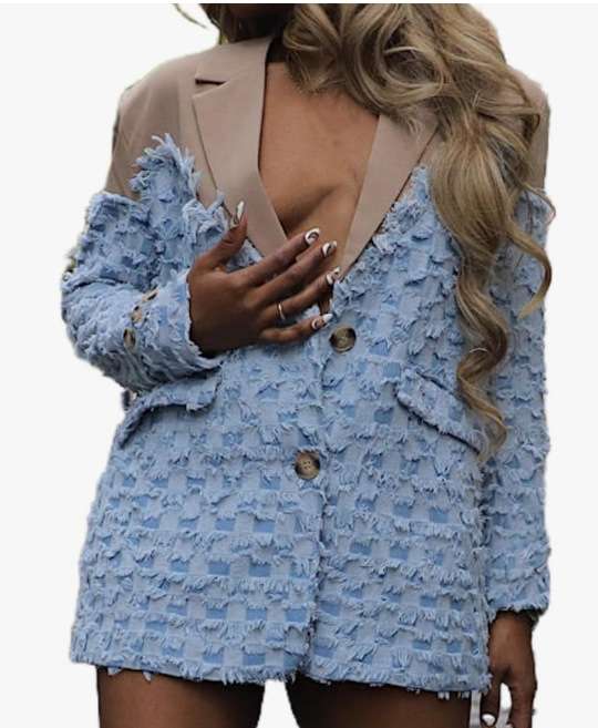 Checkerboard Plaid Patchwork Blazer Coat - M, Brown image