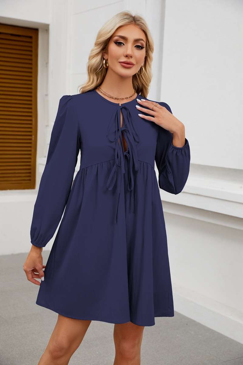 Chic Long Sleeve Tie-Front Mini Dress - S, Dark Blue image