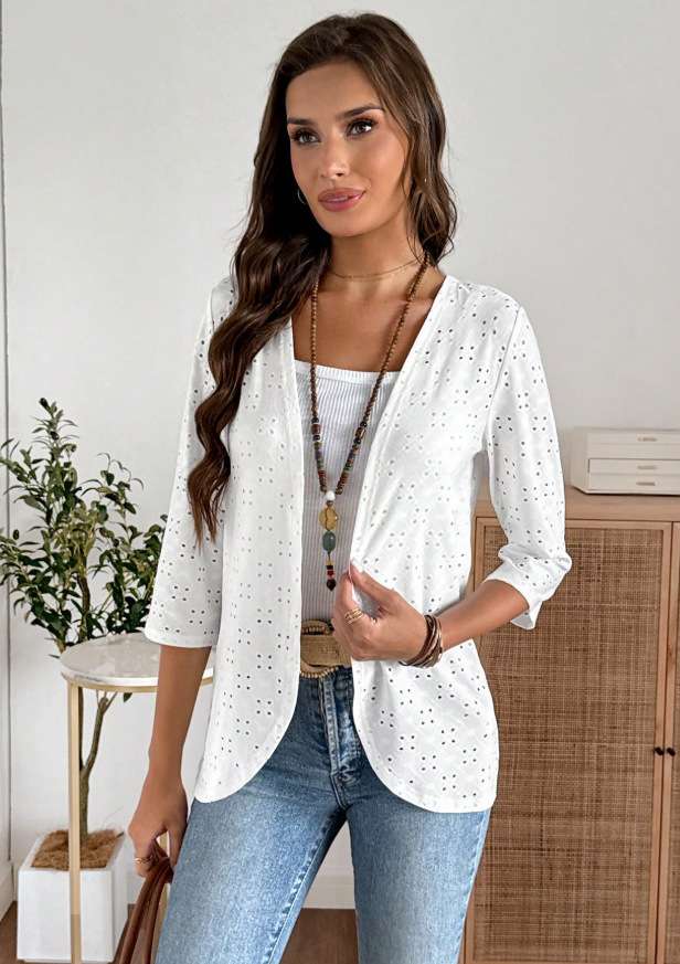 Button-Front Jacket with 3/4 Sleeves - M, White image