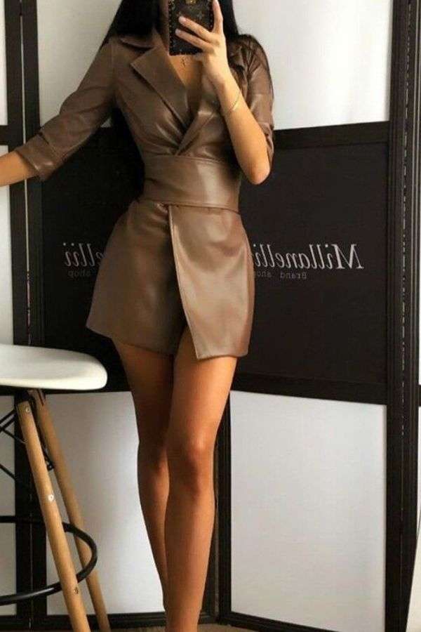 Fashion Solid Color PU Dress With Belt image 3