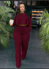 Crop Top Loose Pants Two Piece Casual Suits - XL, Wine Red image