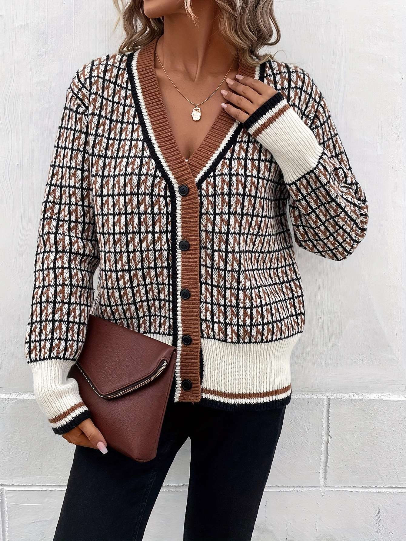 Plaid Pattern Drop Shoulder Cardigan Sweater image 3