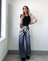 High-Waisted Wide-Leg Jeans with Checkerboard Pocket Detail image 4