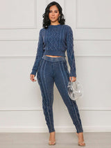 Cropped Sweater & Slim Fit Pants Set - L, Blue image