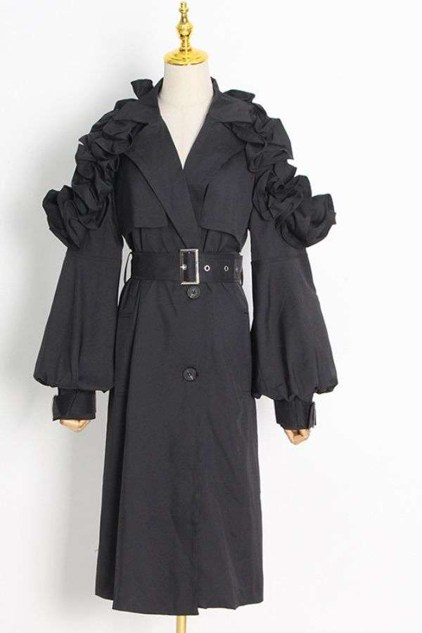 Trench Coat with Puff Sleeves - L, Black image