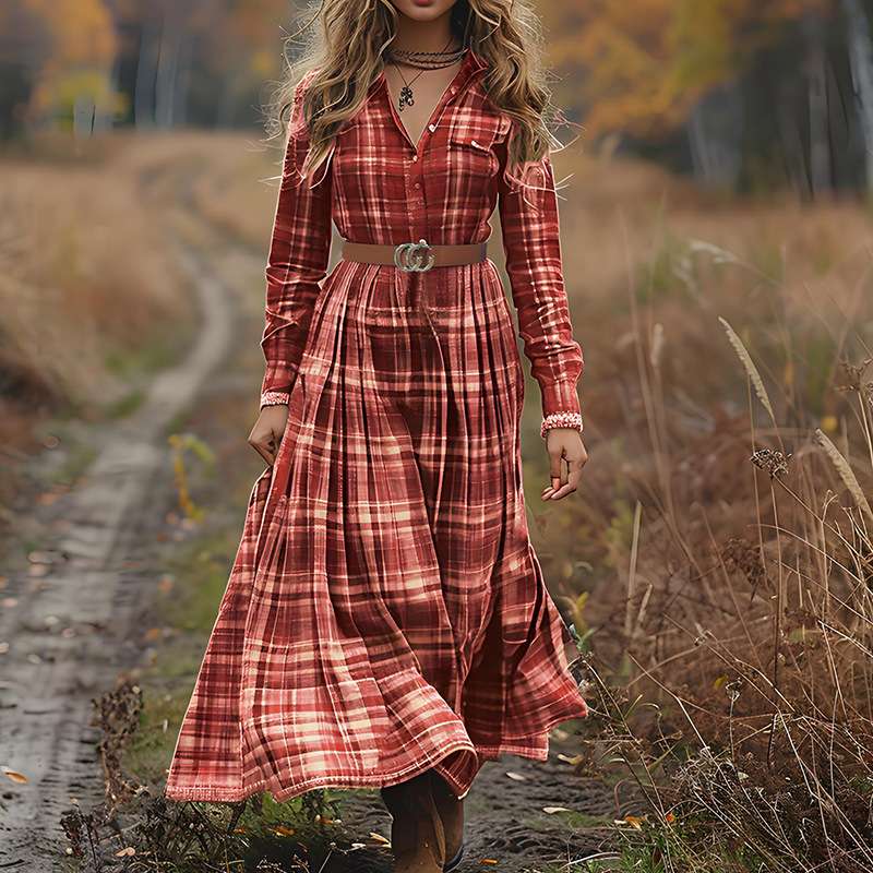 Rustic Plaid Maxi Dress with Belt - S, Red image