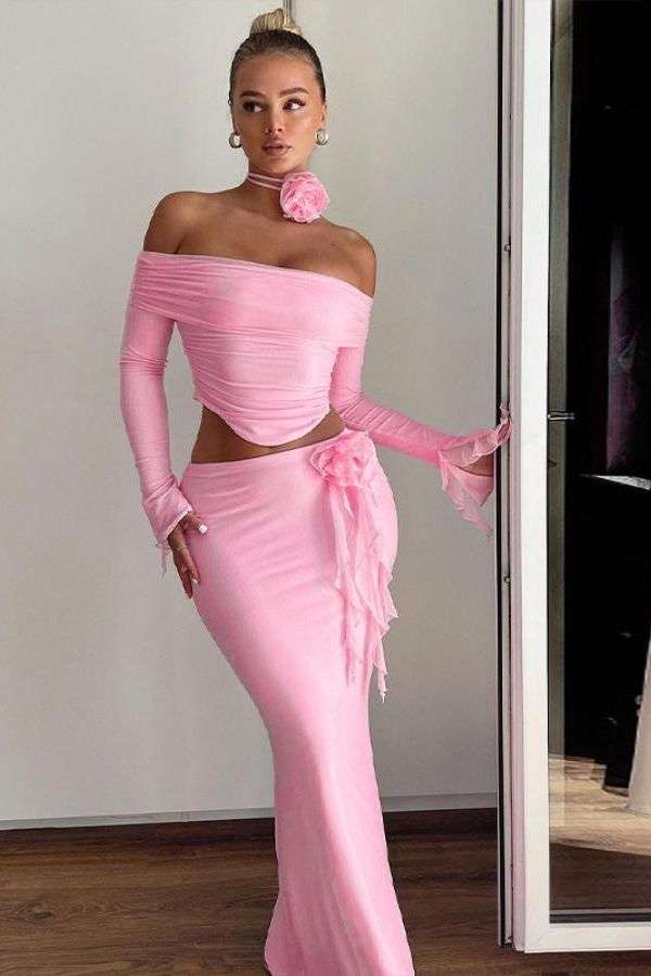 Off-Shoulder Top With Pencil Maxi Length Skirt - S, Pink image