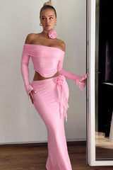 Off-Shoulder Top With Pencil Maxi Length Skirt - S, Pink image