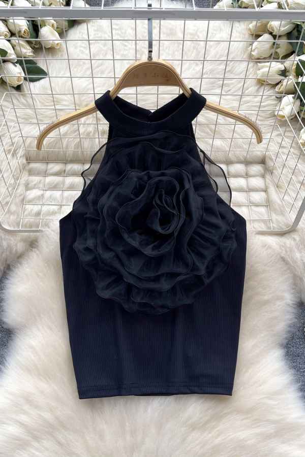 Flower Detail High Neck Sleeveless Fashion Top image 5