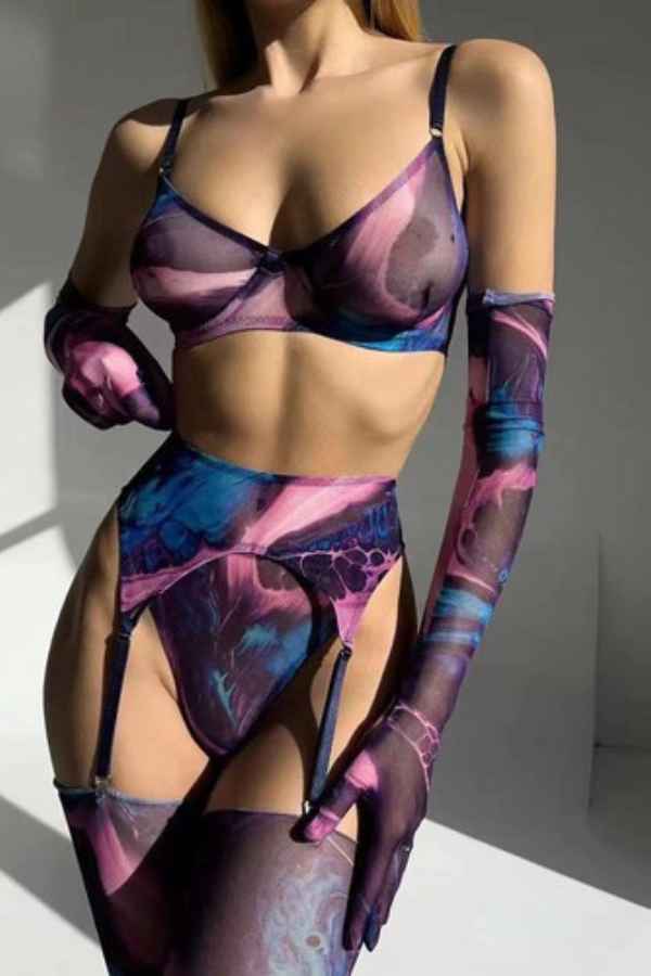 Sexy Printed Bodysuit Stockings Five Piece Lingerie Set image 2