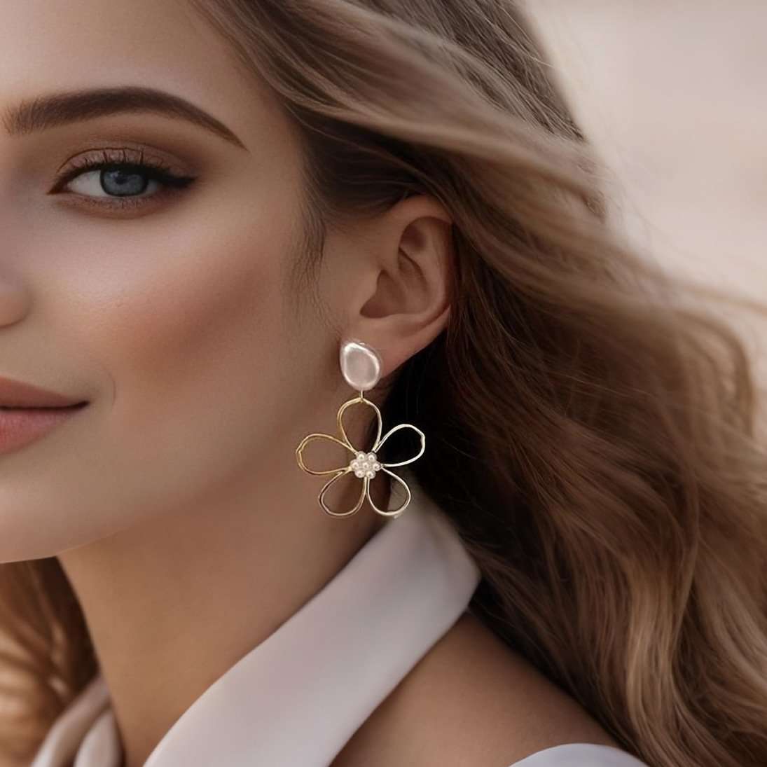 Elegant Gold and Pearl Flower Drop Earrings image 3