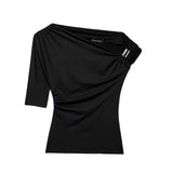 Asymmetrical One-Shoulder Ruched Top - Free Size, Black image