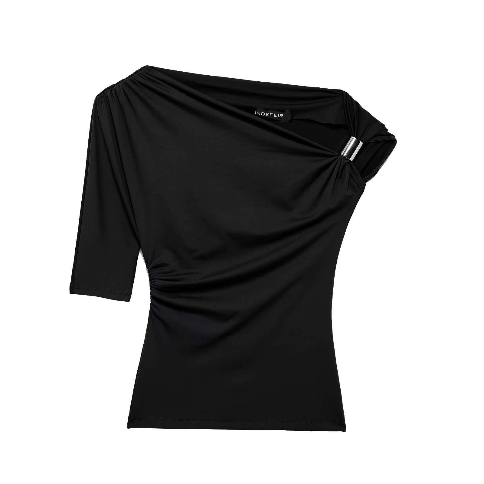 Asymmetrical One-Shoulder Ruched Top - Free Size, Black image