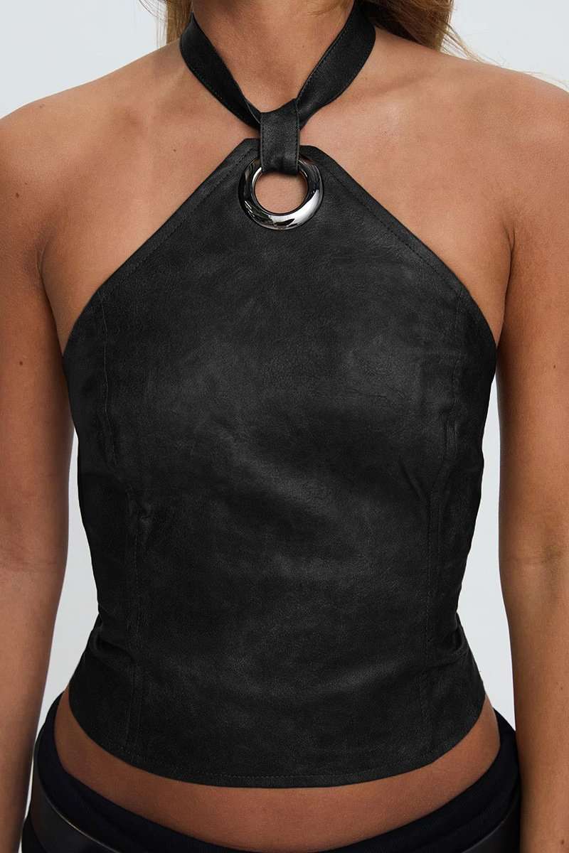 Faux Leather Halter Top with O-Ring Detail - S, Black image