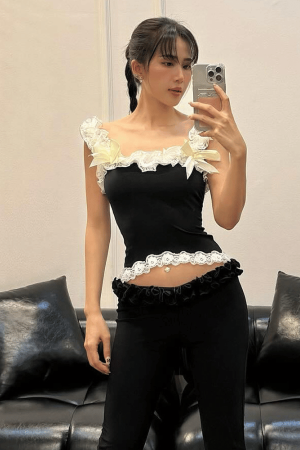 Lace Panel Ruffled-Trim Bow Accent Slim-Fit Crop Tank Top image 2