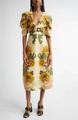 Floral Maxi Dress with Puff Sleeves - M, Yellow image