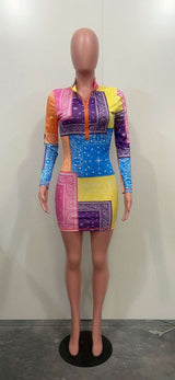 Womens Long Sleeve Zipper V Neck Printed Bodycon Dress image 2