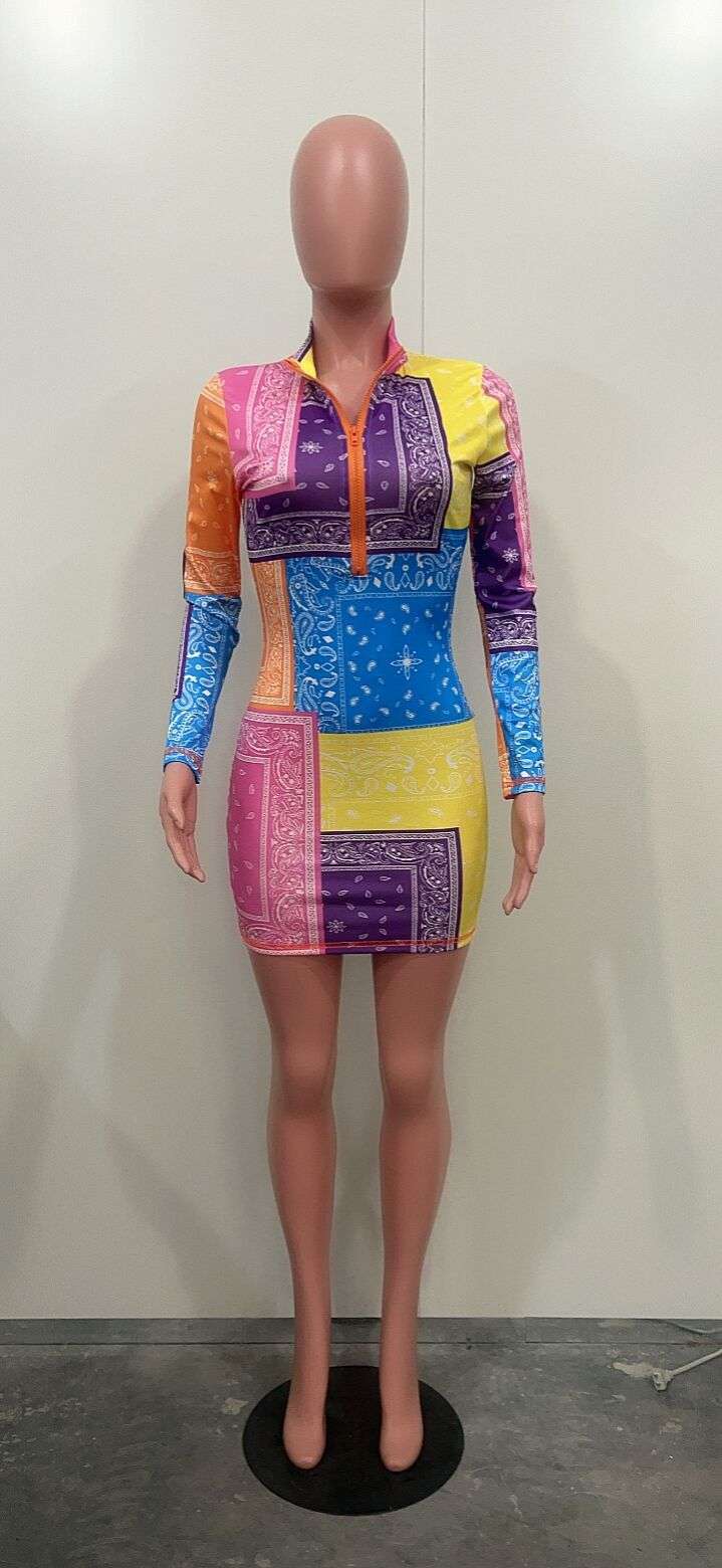 Womens Long Sleeve Zipper V Neck Printed Bodycon Dress image 2