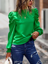 Mock Neck Puff Long Sleeve Casual Top - M, Green image