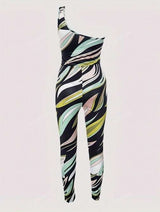 One-Shoulder Abstract Print Crop Top & Leggings Set image 4