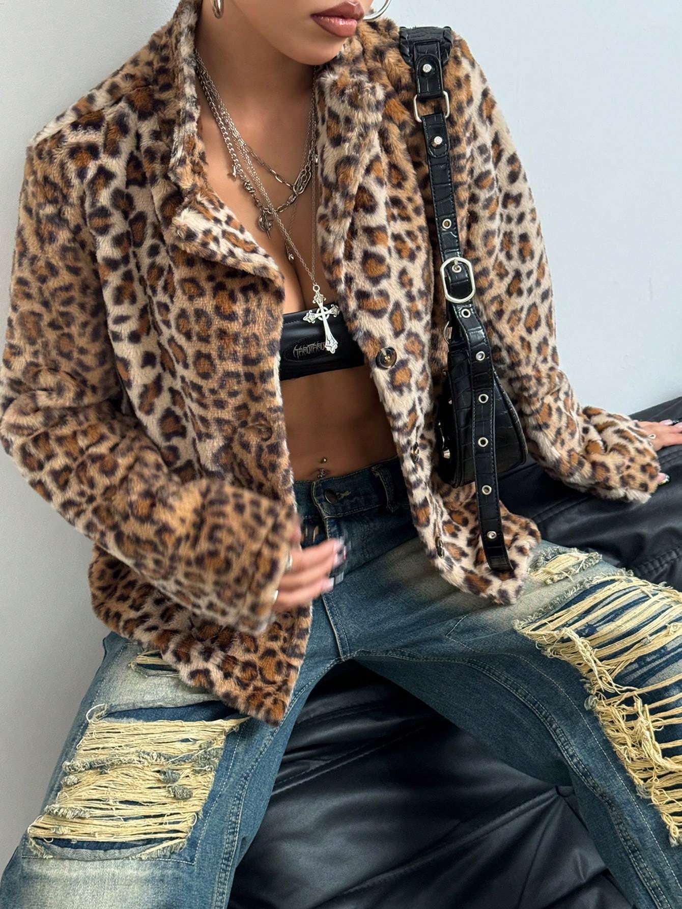 Leopard Print Faux Fur Button-Up Jacket - L, Brown image