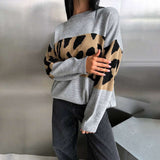 Oversized Sweater with Leopard Print Panel - M, Grey image