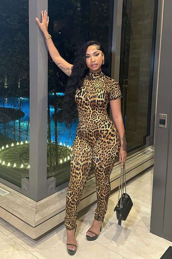 Printed Backless Bodycon Jumpsuit - L, Multi Brown image