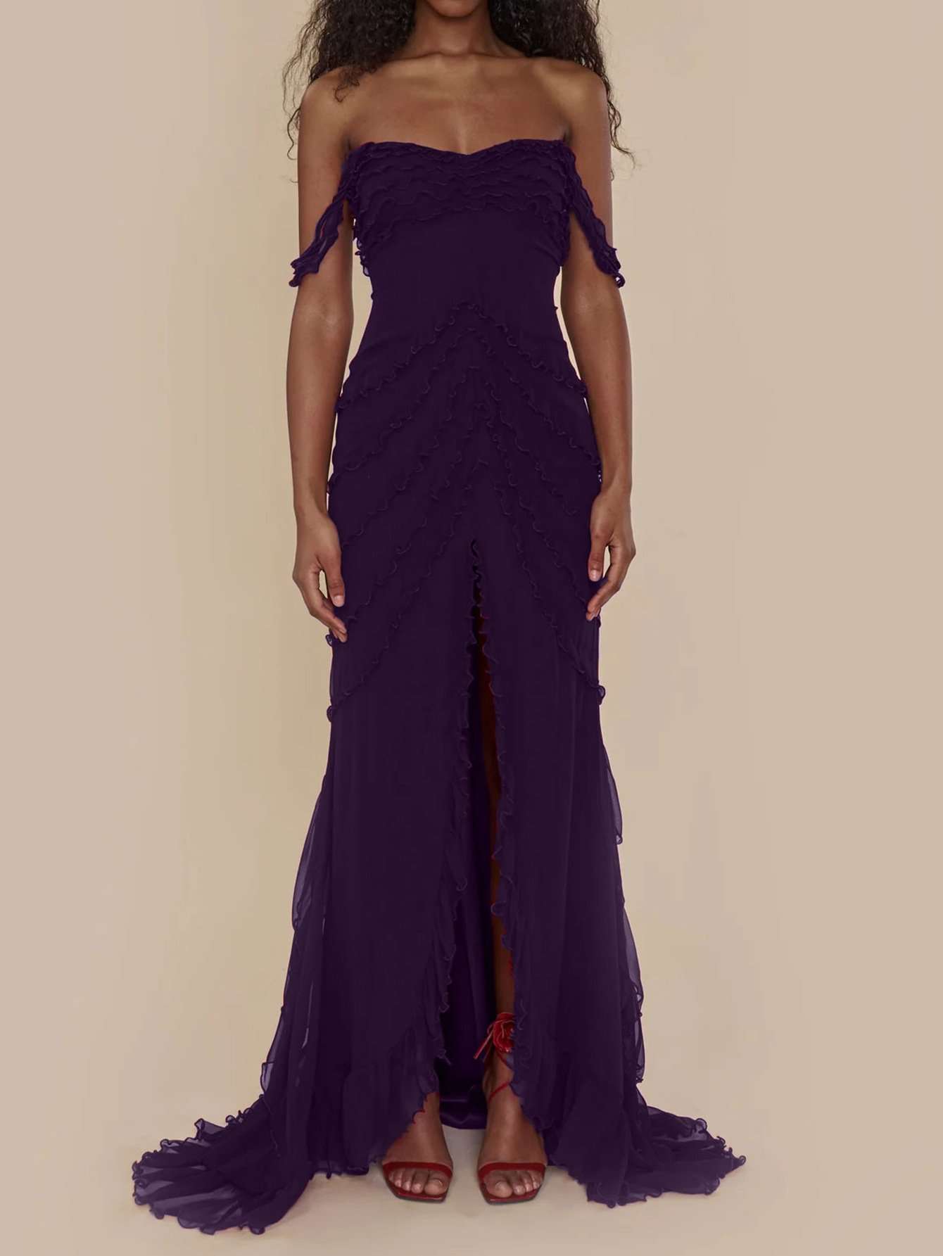 Off-Shoulder Pink Ruffled Gown - M, Dark Purple image