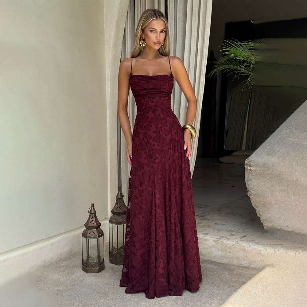 Floral Maxi Dress with Spaghetti Straps - S, Wine Red image