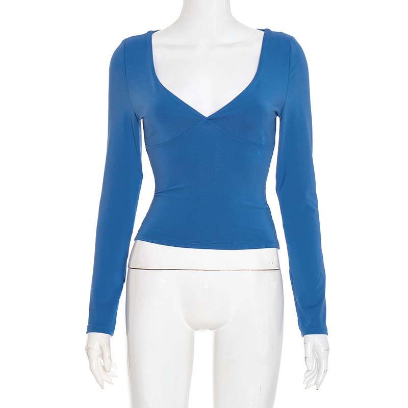 Elegant Blue V-Neck Long-Sleeve Top image 4