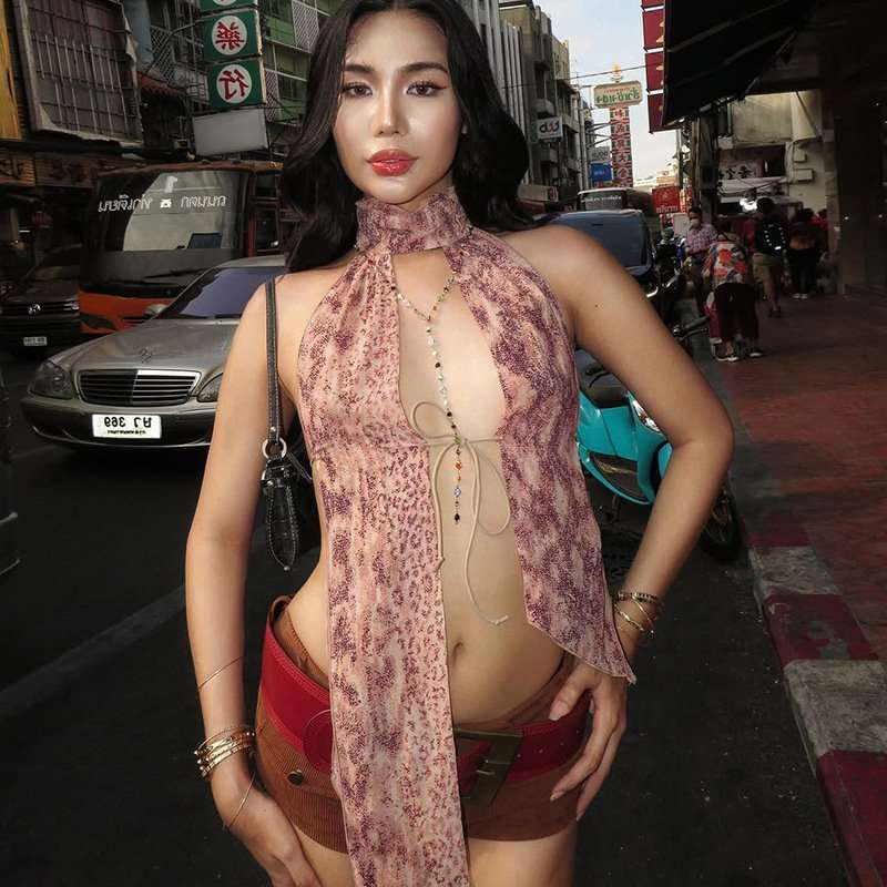 Boho-Chic Sheer Halter Top - S, Pink image