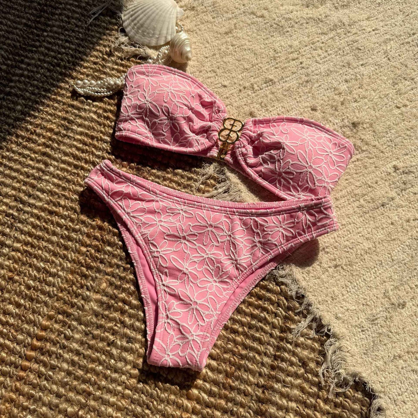 Floral Lace Two-Piece Swimsuit - M, Pink image