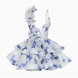 Floral Ruffle Tiered Mini Dress - M, Multi Blue image