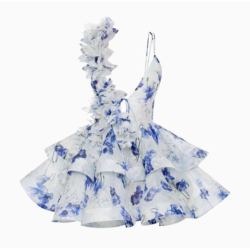 Floral Ruffle Tiered Mini Dress - M, Multi Blue image