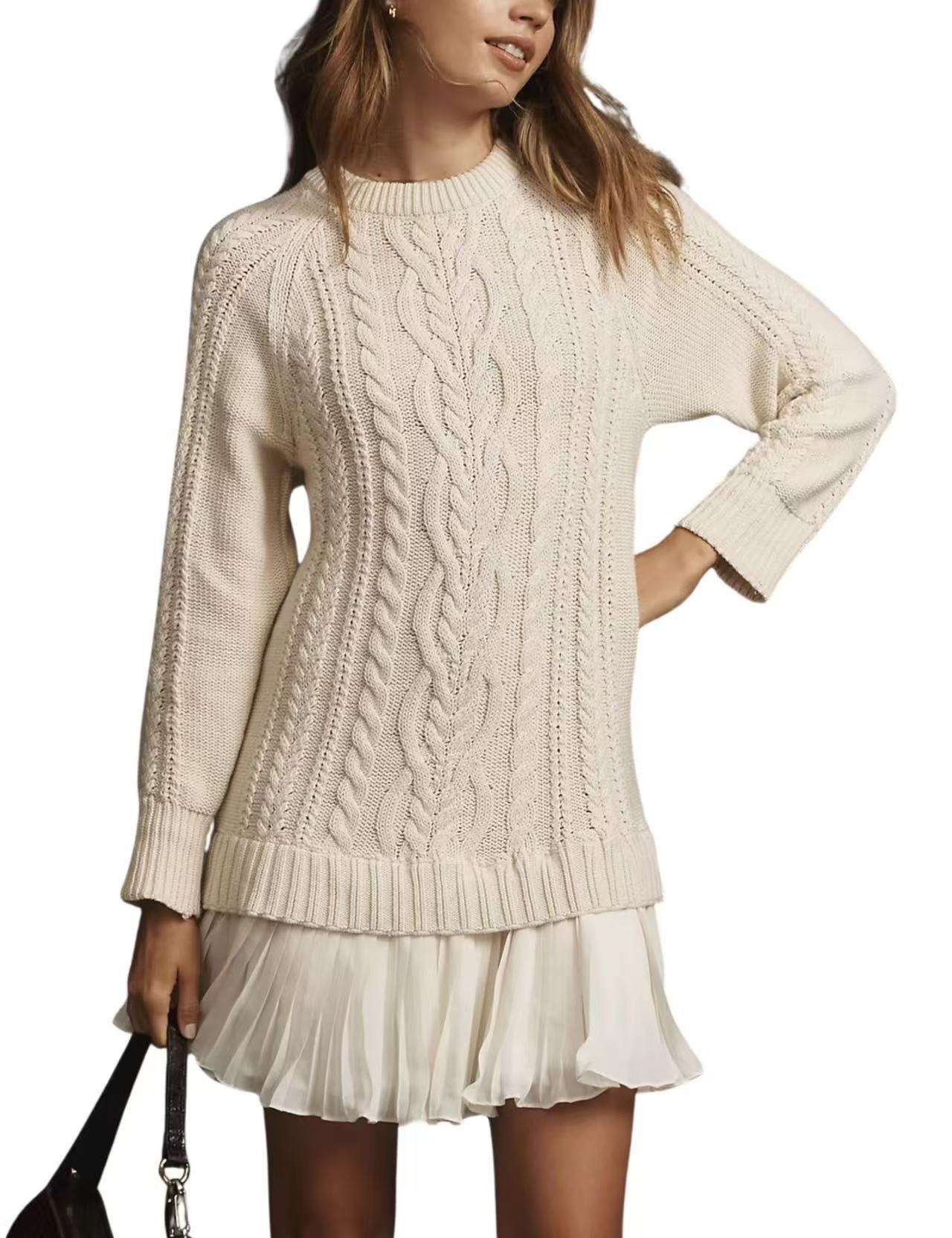 Cable Knit Sweater Dresswith Pleated Hem - M, Light Beige image